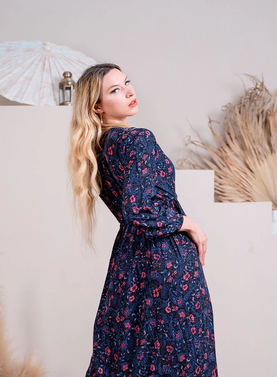 Dark Blue Maxi: Floral Splendor