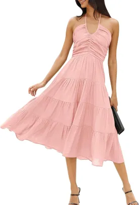DEEP SELF Women's Summer Halter Smocked Midi Dress Sleevelesss V Neck Ruffle Tiered Swing Flowy A Line Beach Sundress