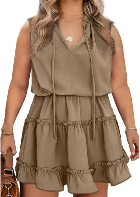 Eytino Womens Plus Size Sleeveless V Neck Drawstring Ruffle Tiered Chiffon Mini Short Dresses,(1X-5X)