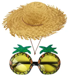 Female Straw Beachcomber Hat with String Pineapple Glasses Hawaiian Hula Party Fancy Dress Set