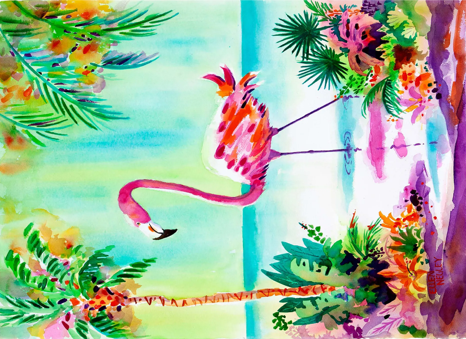 Flamingo Lagoon - Watercolor Artwork