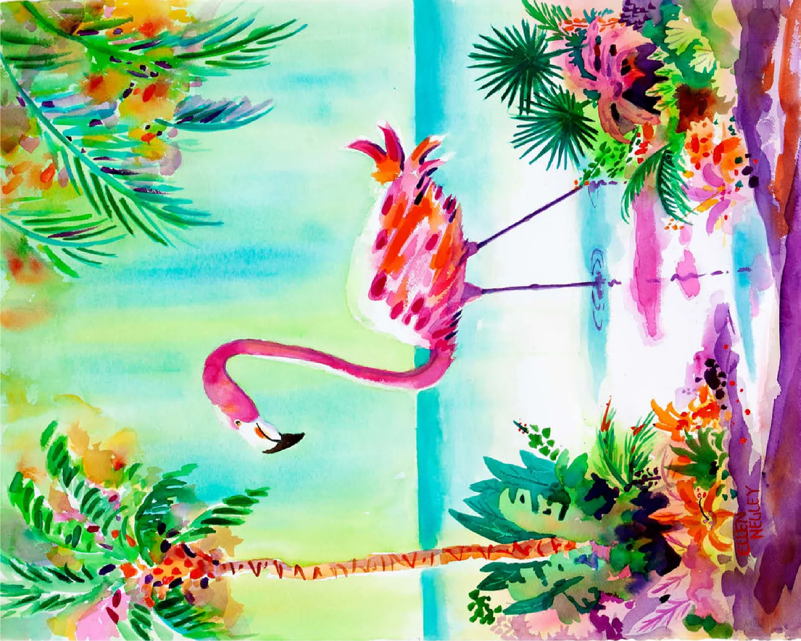 Flamingo Lagoon - Watercolor Artwork
