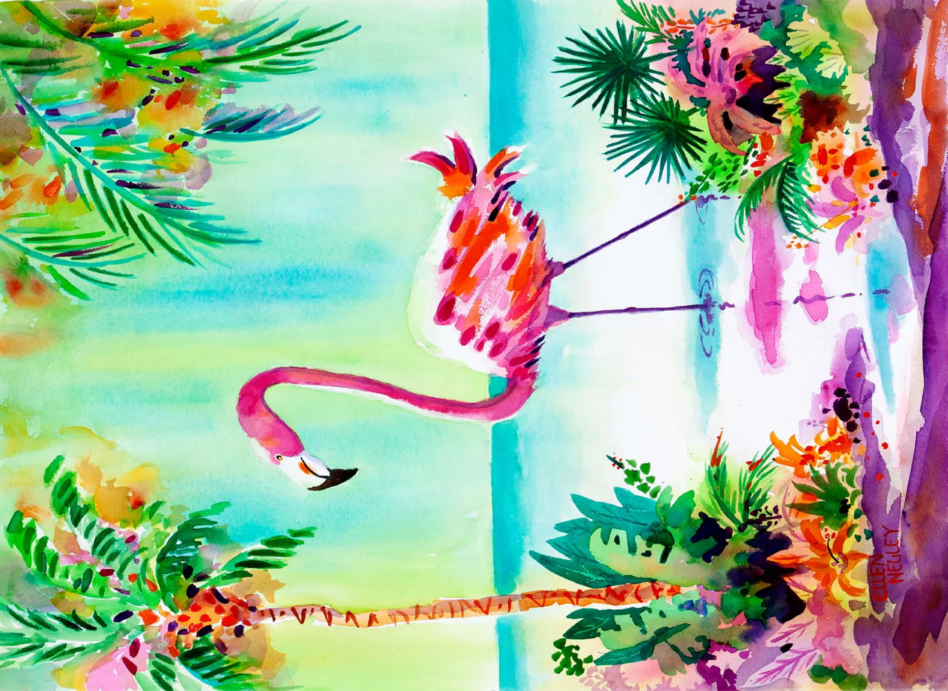 Flamingo Lagoon - Watercolor Artwork