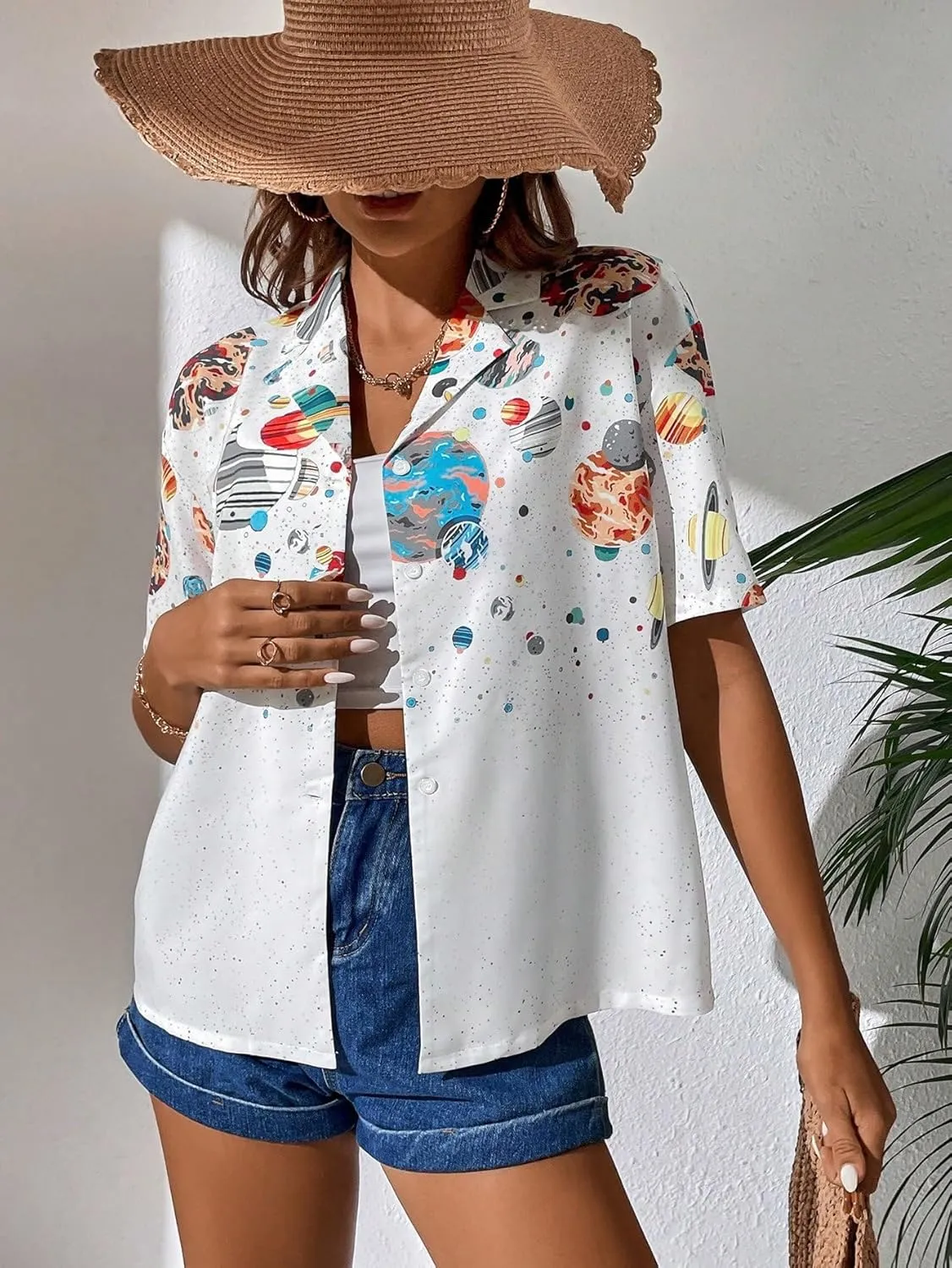 Floerns Women's Casual V Neck Collared Button Up Blouse Top Print Summer Shirt