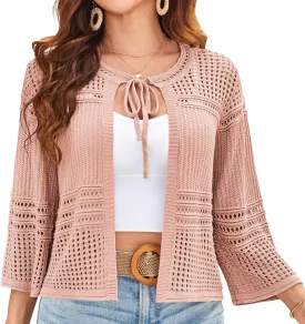 GRACE KARIN Womens 3/4 Sleeve Cropped Cardigan Summer Tie Open Front Corchet Knit Lightweight Bolero Shrug Sweaters