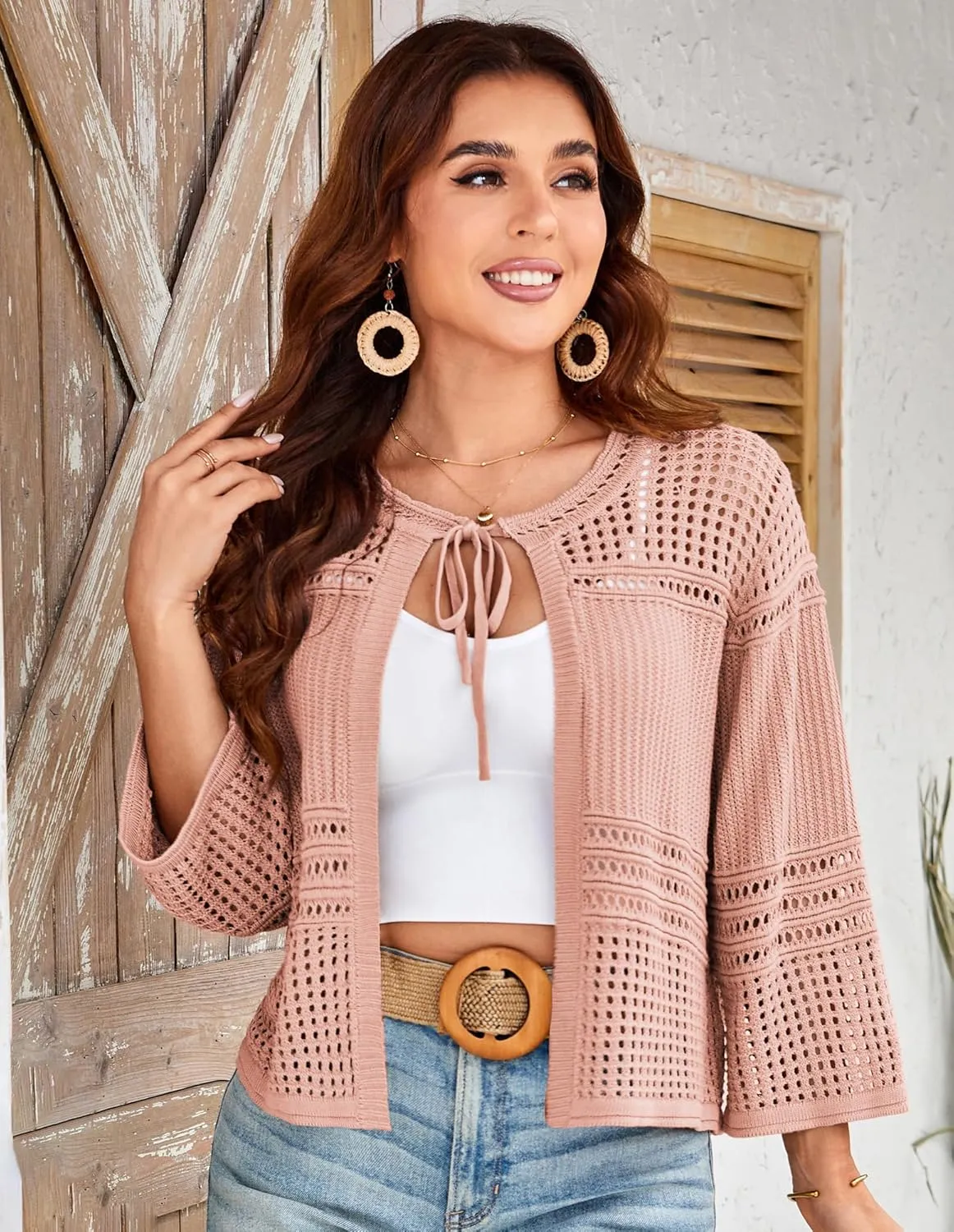 GRACE KARIN Womens 3/4 Sleeve Cropped Cardigan Summer Tie Open Front Corchet Knit Lightweight Bolero Shrug Sweaters