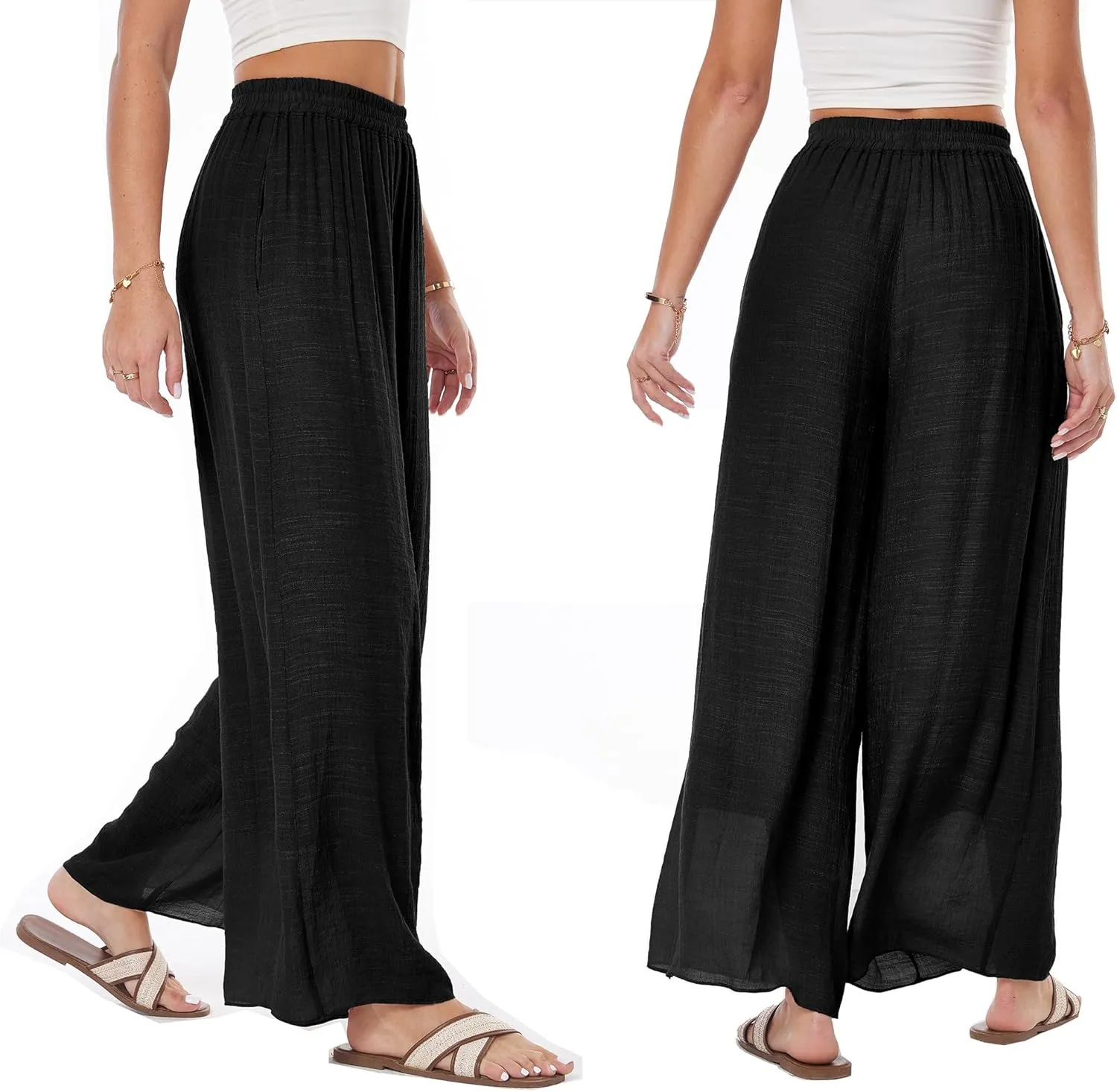 heipeiwa Women's Summer Linen Pants Double Layers Casual Wide Leg Palazzo Pants Beach Dress Loose Linen Culottes Pant
