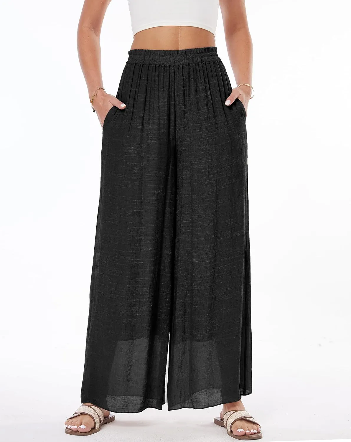 heipeiwa Women's Summer Linen Pants Double Layers Casual Wide Leg Palazzo Pants Beach Dress Loose Linen Culottes Pant