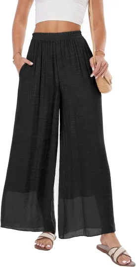 heipeiwa Women's Summer Linen Pants Double Layers Casual Wide Leg Palazzo Pants Beach Dress Loose Linen Culottes Pant