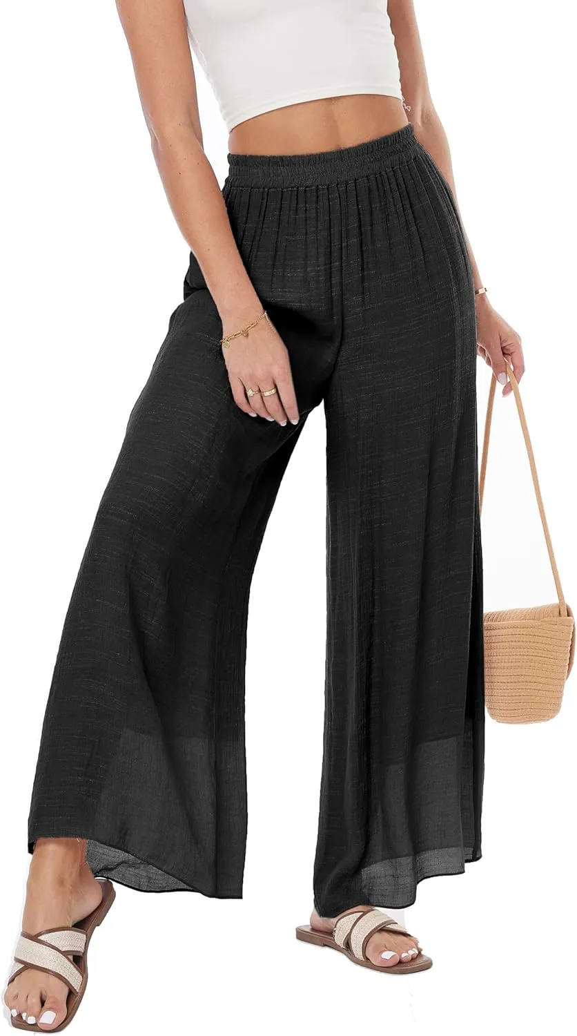 heipeiwa Women's Summer Linen Pants Double Layers Casual Wide Leg Palazzo Pants Beach Dress Loose Linen Culottes Pant