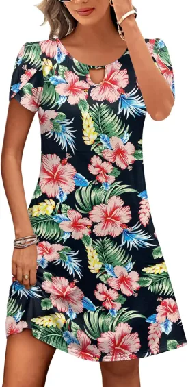 HOTOUCH Women's Casual A-Line Dress with Pockets Summer Beach Floral Tshirt Dress Short Sleeve Mini Dress Flowy Sundresses
