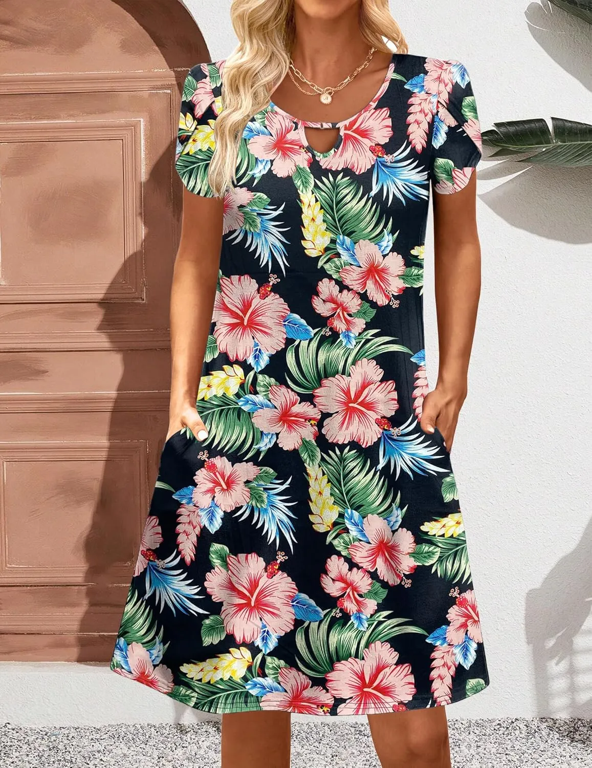 HOTOUCH Women's Casual A-Line Dress with Pockets Summer Beach Floral Tshirt Dress Short Sleeve Mini Dress Flowy Sundresses