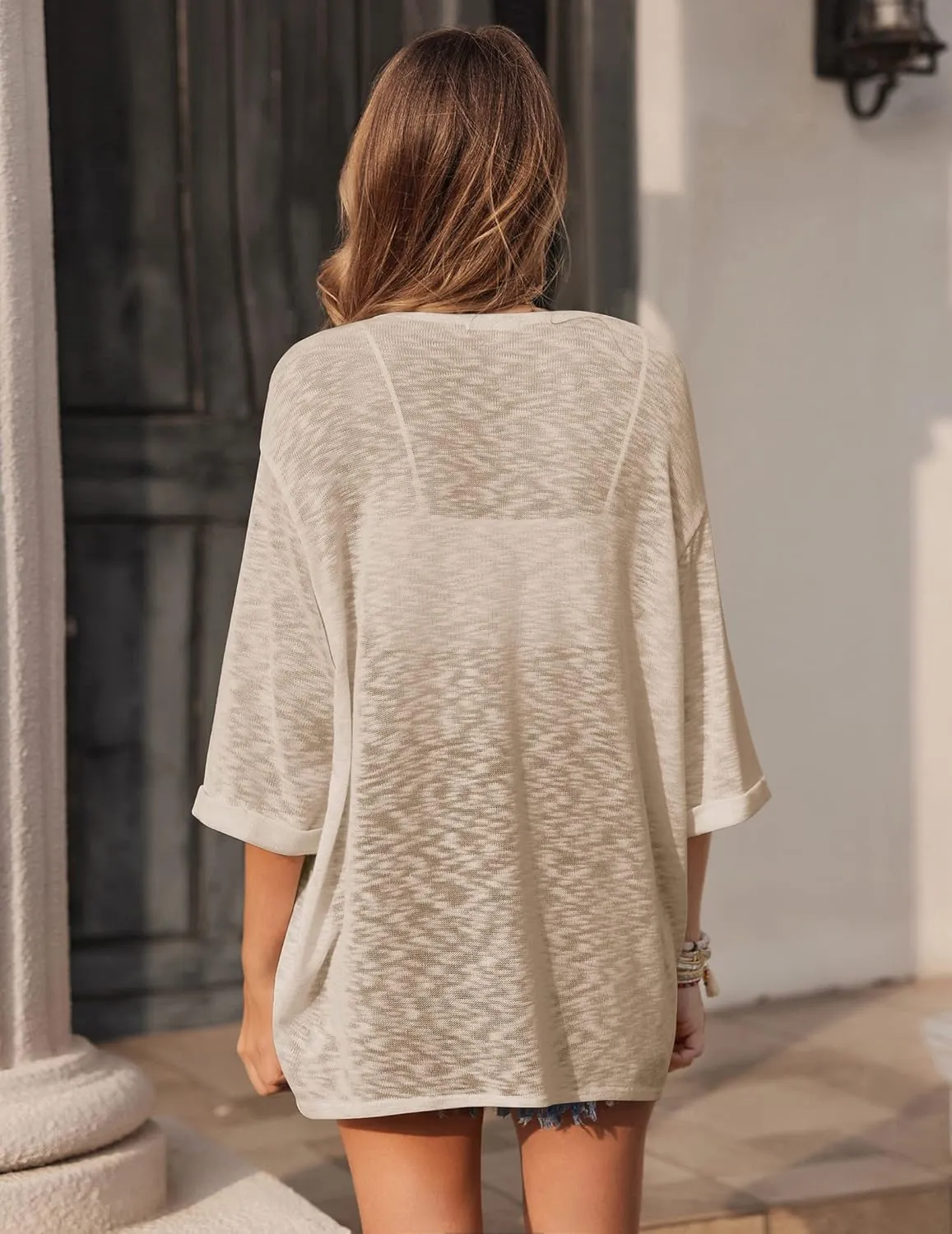 HOTOUCH Womens Lightweight Cardigan Open Front 3/4 Sleeve Casual Loose Fit Beach Cover Up