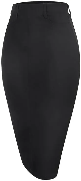 Houmous Women's Cotton Work Pencil Skirt Stretch Office Midi Below Knee Bodycon Belt Loops Back Slit Pockets