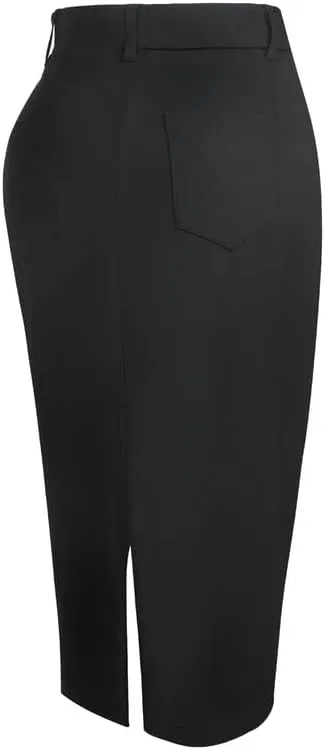 Houmous Women's Cotton Work Pencil Skirt Stretch Office Midi Below Knee Bodycon Belt Loops Back Slit Pockets