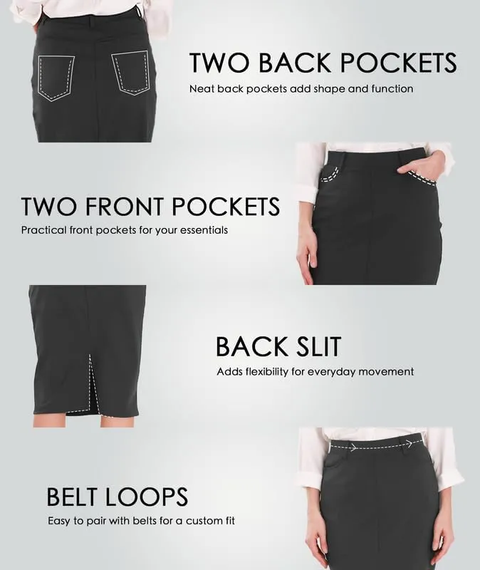 Houmous Women's Cotton Work Pencil Skirt Stretch Office Midi Below Knee Bodycon Belt Loops Back Slit Pockets