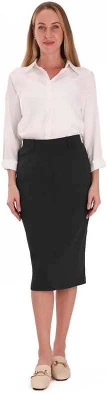Houmous Women's Cotton Work Pencil Skirt Stretch Office Midi Below Knee Bodycon Belt Loops Back Slit Pockets