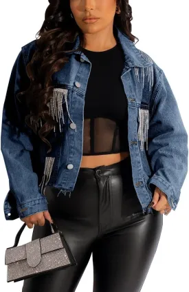 HTD Women's Cropped Jean Jacket Button Up Long Sleeve Ripped Distressed Denim Jacket Frayed Hem