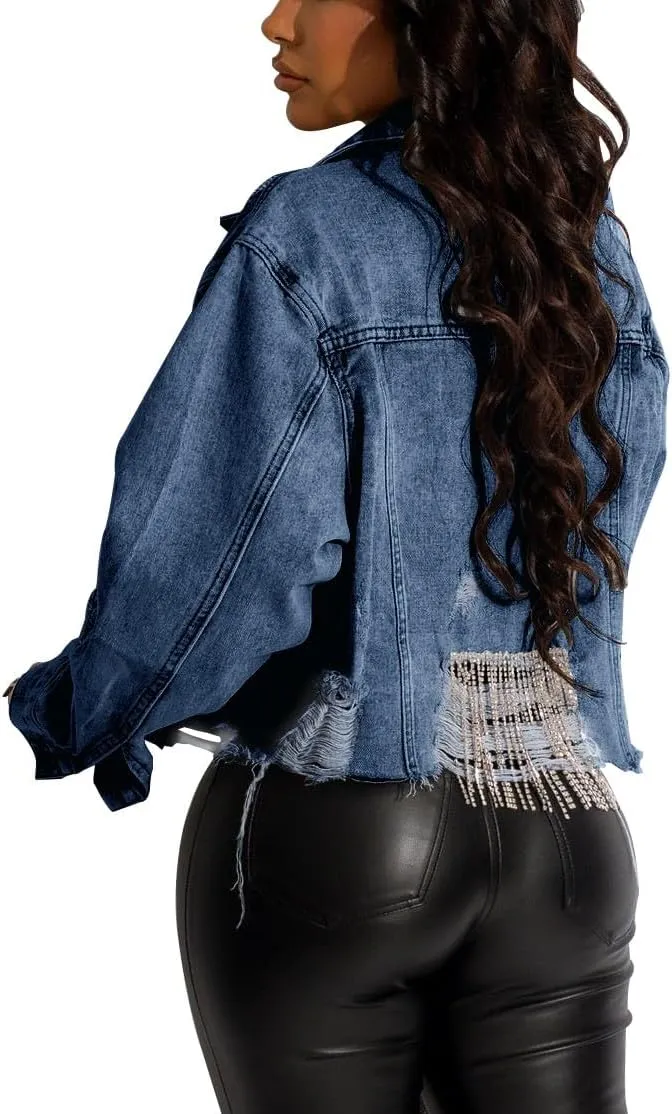 HTD Women's Cropped Jean Jacket Button Up Long Sleeve Ripped Distressed Denim Jacket Frayed Hem