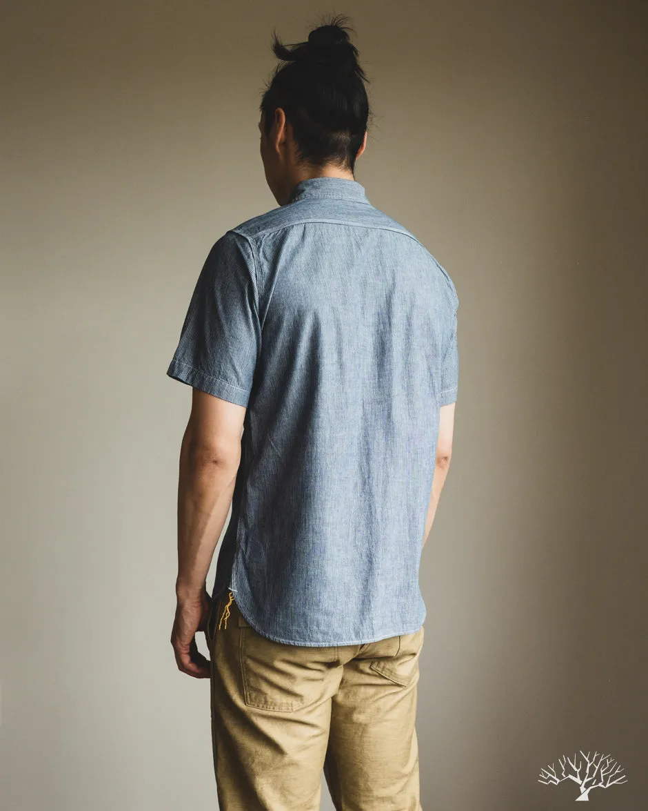 IHSH-285-PIN - 5.5oz Selvedge Pinstripe Chambray Short-Sleeve Work Shirt - Indigo