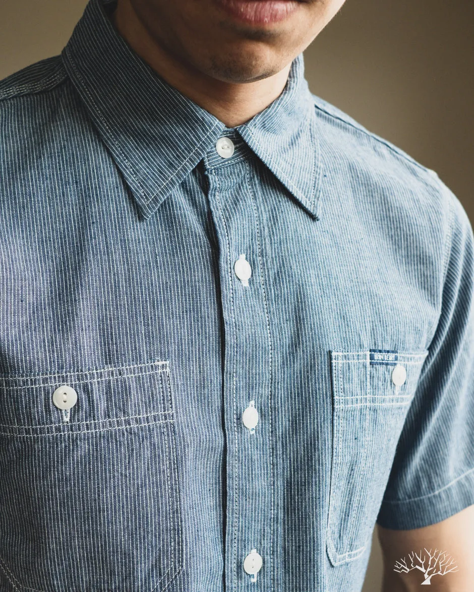 IHSH-285-PIN - 5.5oz Selvedge Pinstripe Chambray Short-Sleeve Work Shirt - Indigo