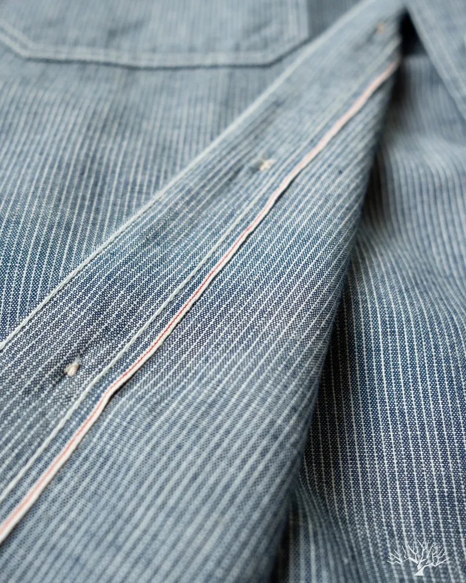 IHSH-285-PIN - 5.5oz Selvedge Pinstripe Chambray Short-Sleeve Work Shirt - Indigo
