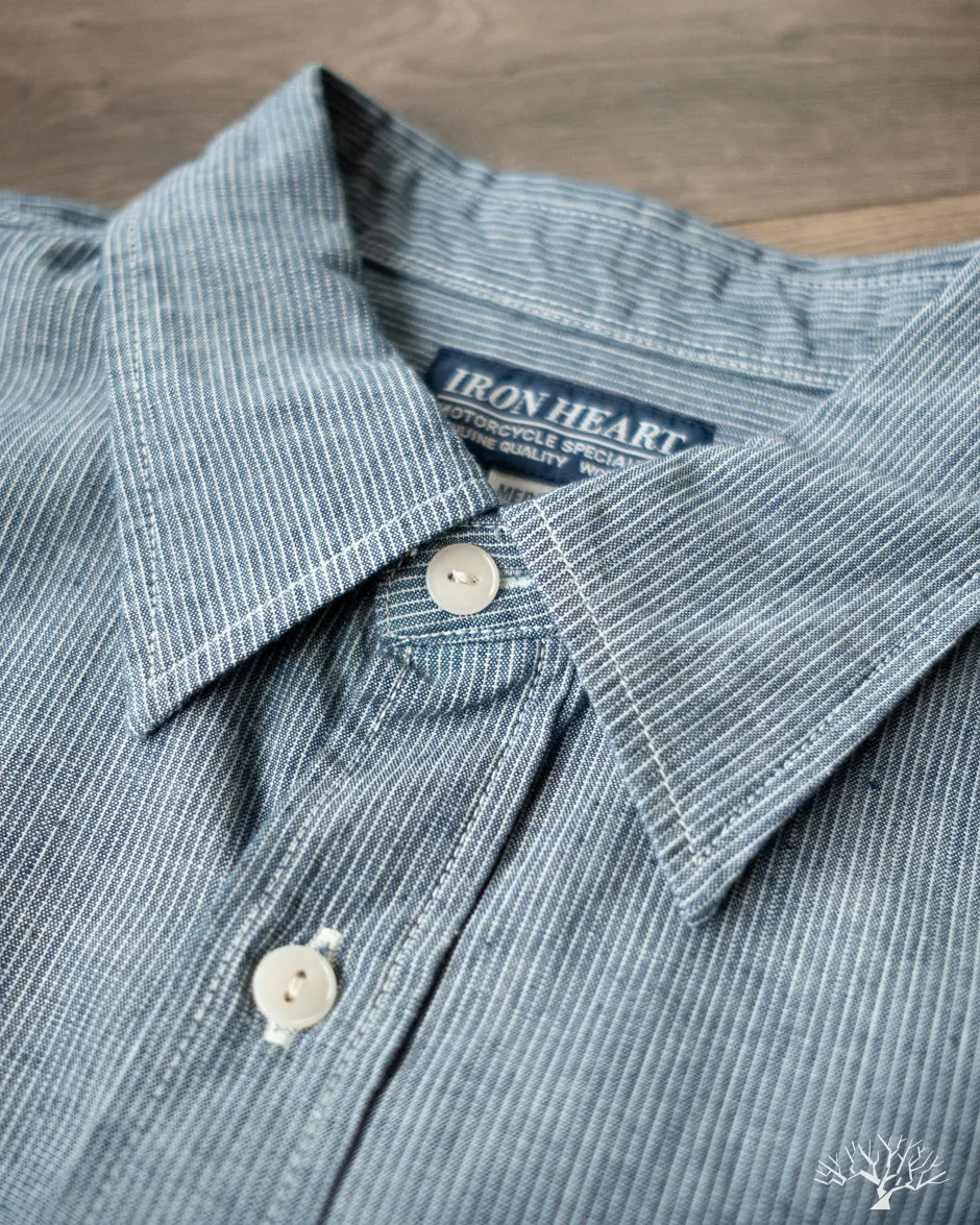 IHSH-285-PIN - 5.5oz Selvedge Pinstripe Chambray Short-Sleeve Work Shirt - Indigo