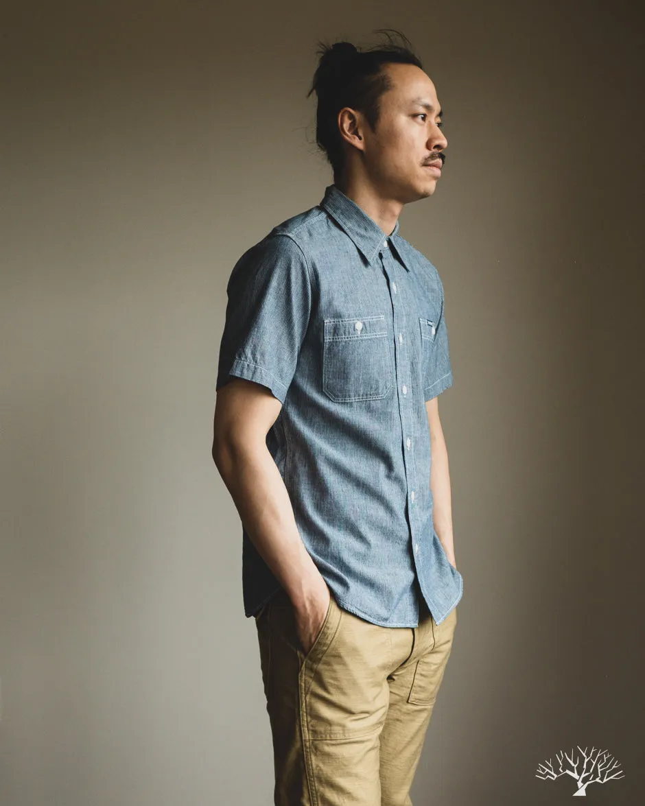 IHSH-285-PIN - 5.5oz Selvedge Pinstripe Chambray Short-Sleeve Work Shirt - Indigo