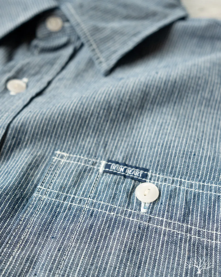 IHSH-285-PIN - 5.5oz Selvedge Pinstripe Chambray Short-Sleeve Work Shirt - Indigo