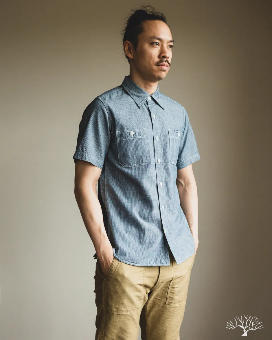IHSH-285-PIN - 5.5oz Selvedge Pinstripe Chambray Short-Sleeve Work Shirt - Indigo