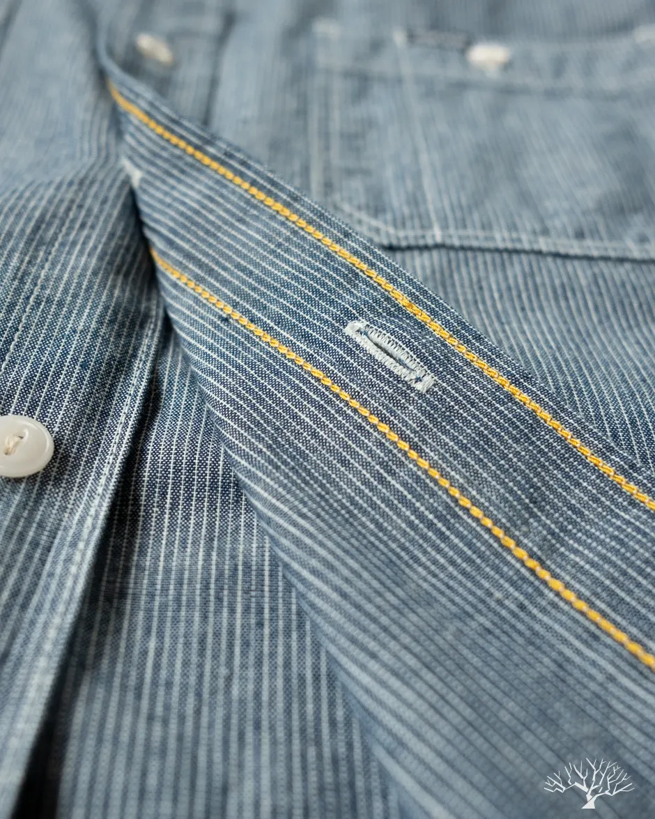 IHSH-285-PIN - 5.5oz Selvedge Pinstripe Chambray Short-Sleeve Work Shirt - Indigo