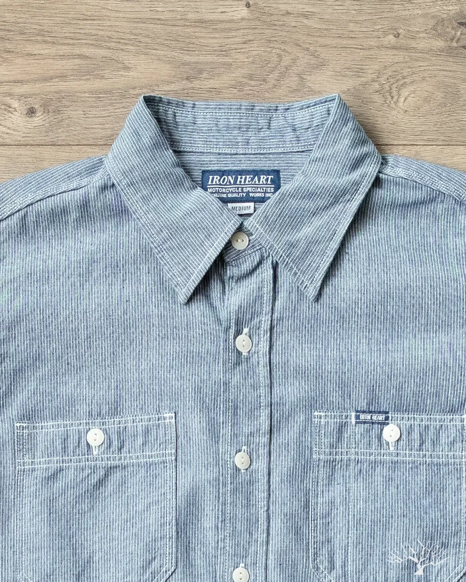 IHSH-285-PIN - 5.5oz Selvedge Pinstripe Chambray Short-Sleeve Work Shirt - Indigo
