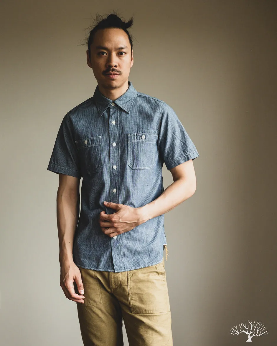 IHSH-285-PIN - 5.5oz Selvedge Pinstripe Chambray Short-Sleeve Work Shirt - Indigo