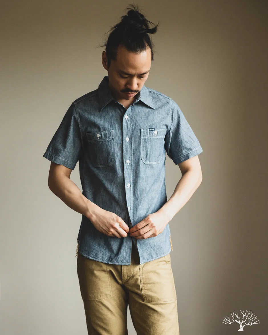 IHSH-285-PIN - 5.5oz Selvedge Pinstripe Chambray Short-Sleeve Work Shirt - Indigo