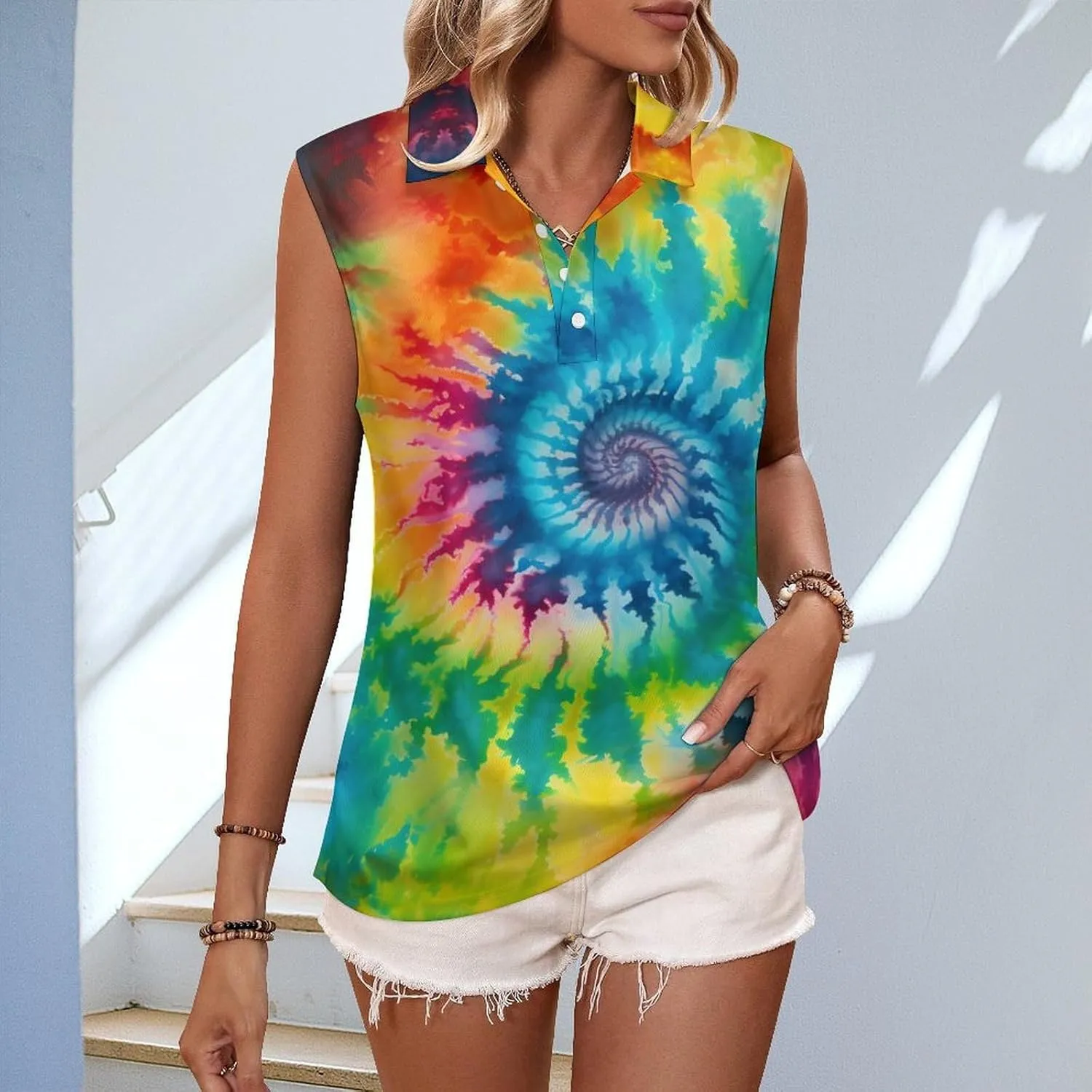 JooMeryer Womens Button Down Golf Polo Shirts Colorful Tie Dye Sleeveless Tank Top XS-4X