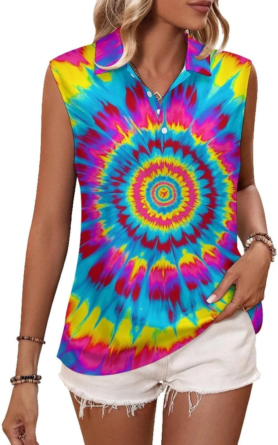 JooMeryer Womens Button Down Golf Polo Shirts Colorful Tie Dye Sleeveless Tank Top XS-4X