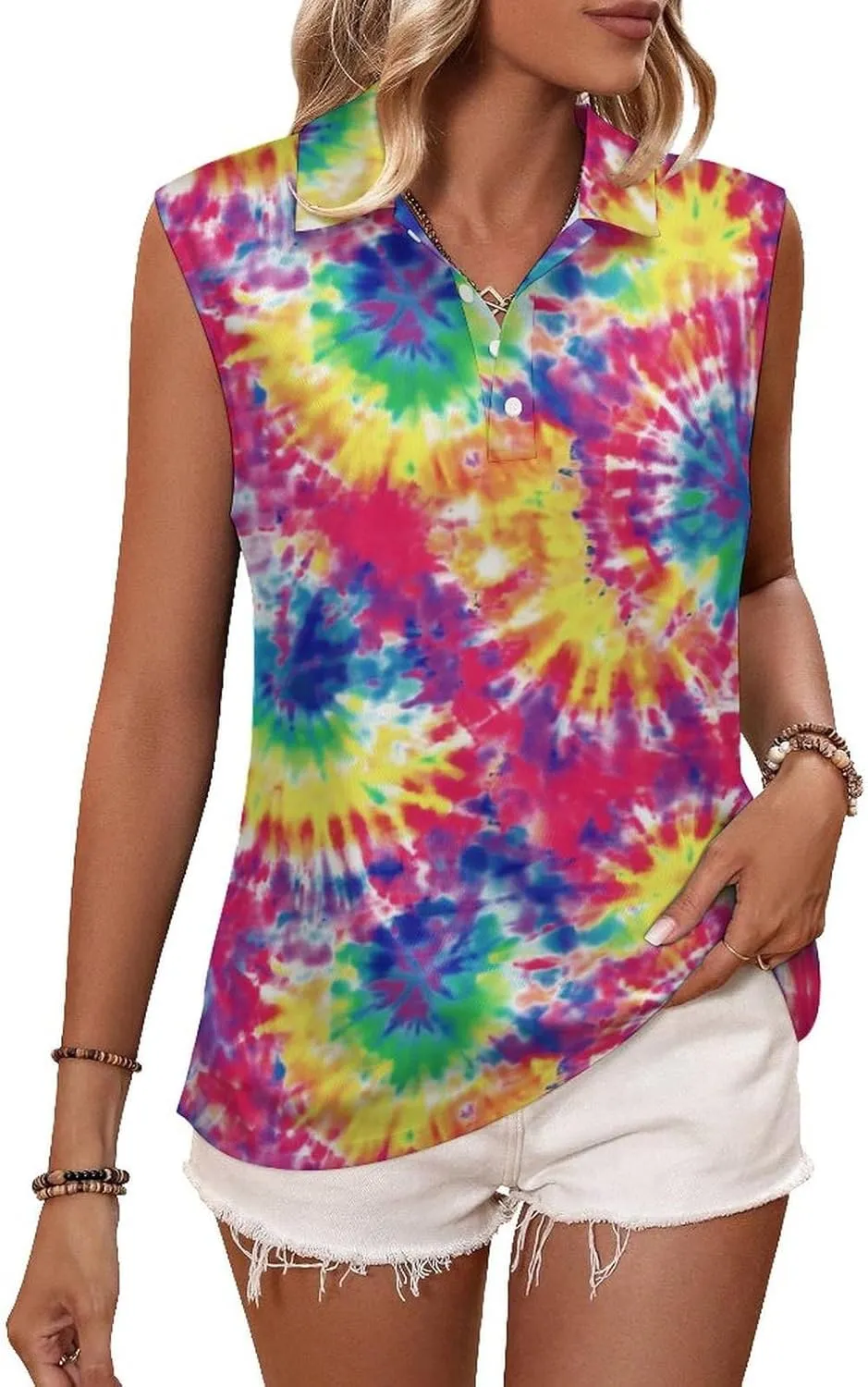 JooMeryer Womens Button Down Golf Polo Shirts Colorful Tie Dye Sleeveless Tank Top XS-4X