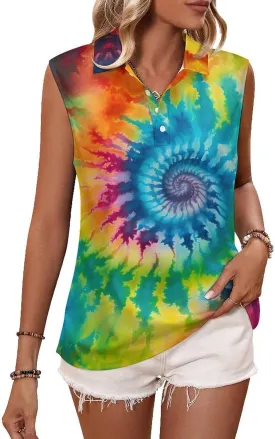 JooMeryer Womens Button Down Golf Polo Shirts Colorful Tie Dye Sleeveless Tank Top XS-4X