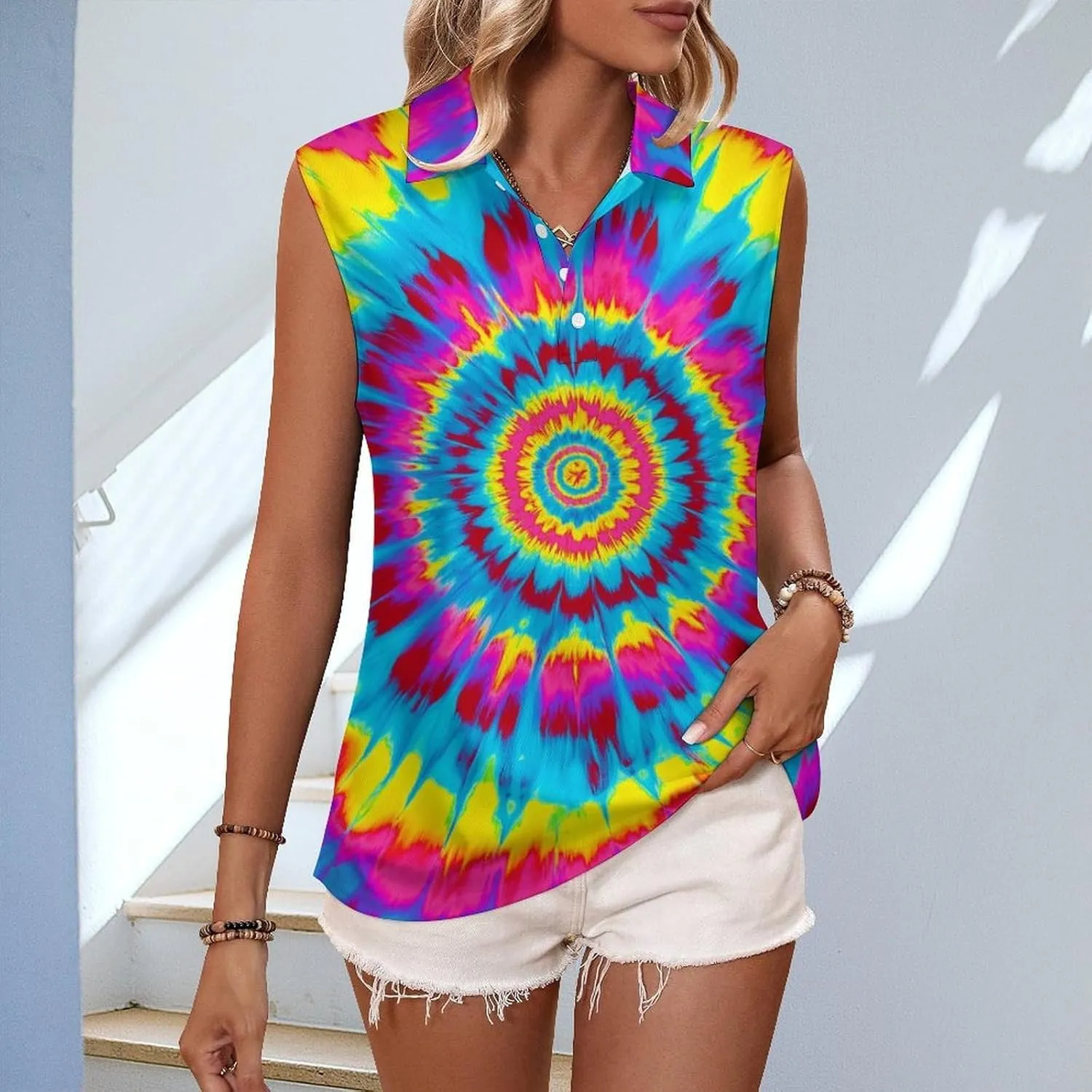 JooMeryer Womens Button Down Golf Polo Shirts Colorful Tie Dye Sleeveless Tank Top XS-4X