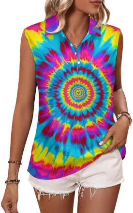 JooMeryer Womens Button Down Golf Polo Shirts Colorful Tie Dye Sleeveless Tank Top XS-4X