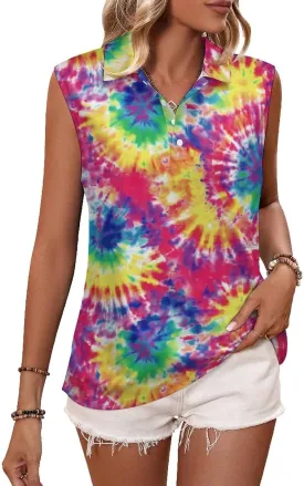 JooMeryer Womens Button Down Golf Polo Shirts Colorful Tie Dye Sleeveless Tank Top XS-4X