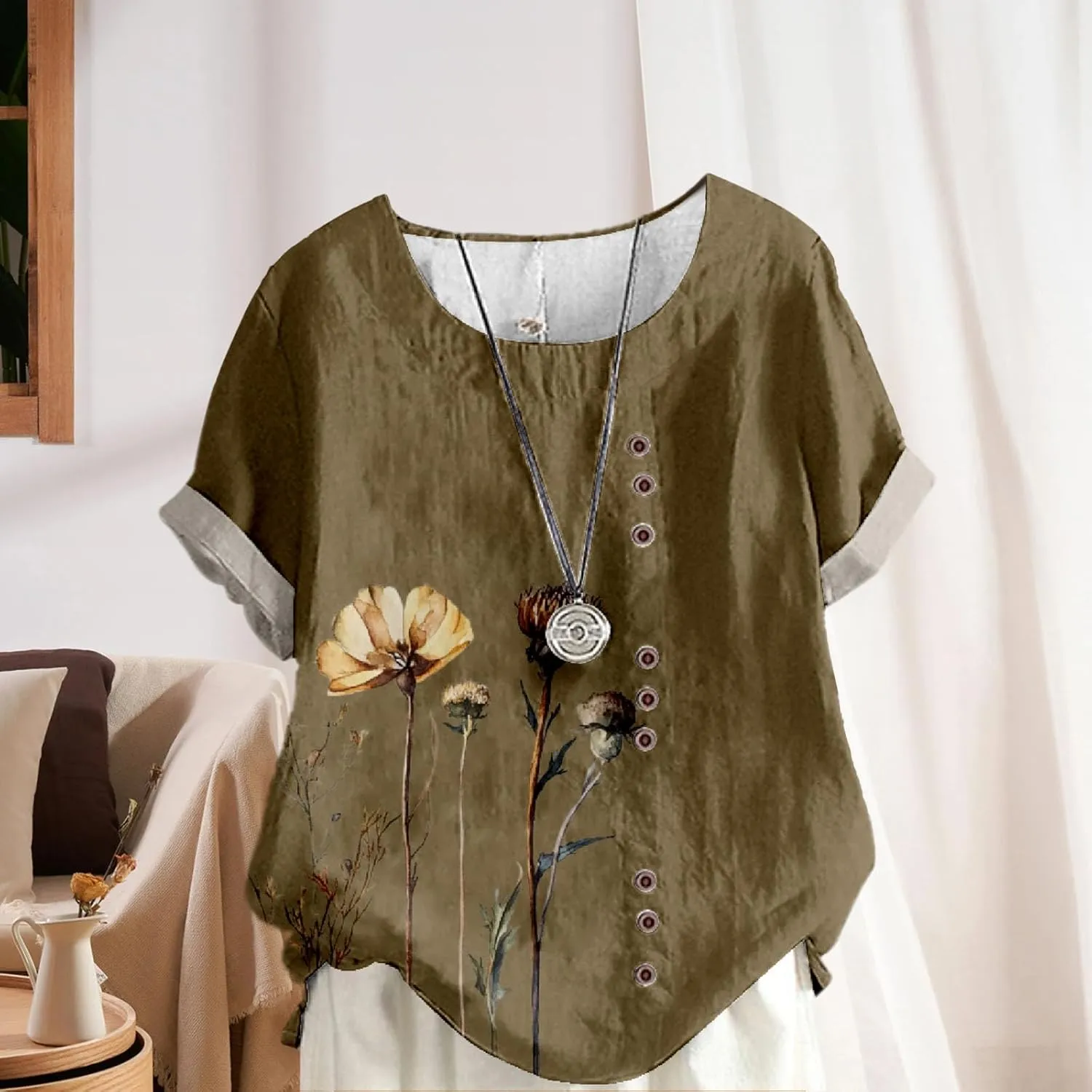Ladies Linen Blend Tunic Tops Womens Button Boho Floral Printed Crewneck Short Sleeve Shirts Summer Vacation Blouse