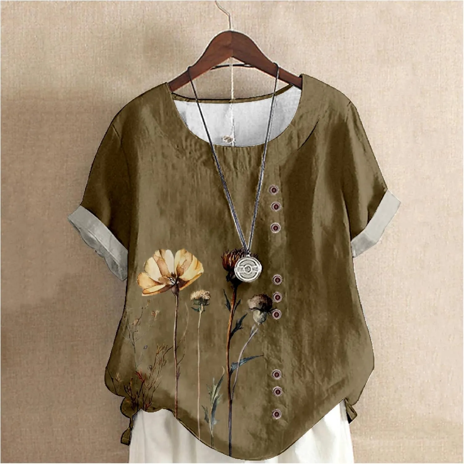 Ladies Linen Blend Tunic Tops Womens Button Boho Floral Printed Crewneck Short Sleeve Shirts Summer Vacation Blouse