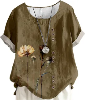 Ladies Linen Blend Tunic Tops Womens Button Boho Floral Printed Crewneck Short Sleeve Shirts Summer Vacation Blouse