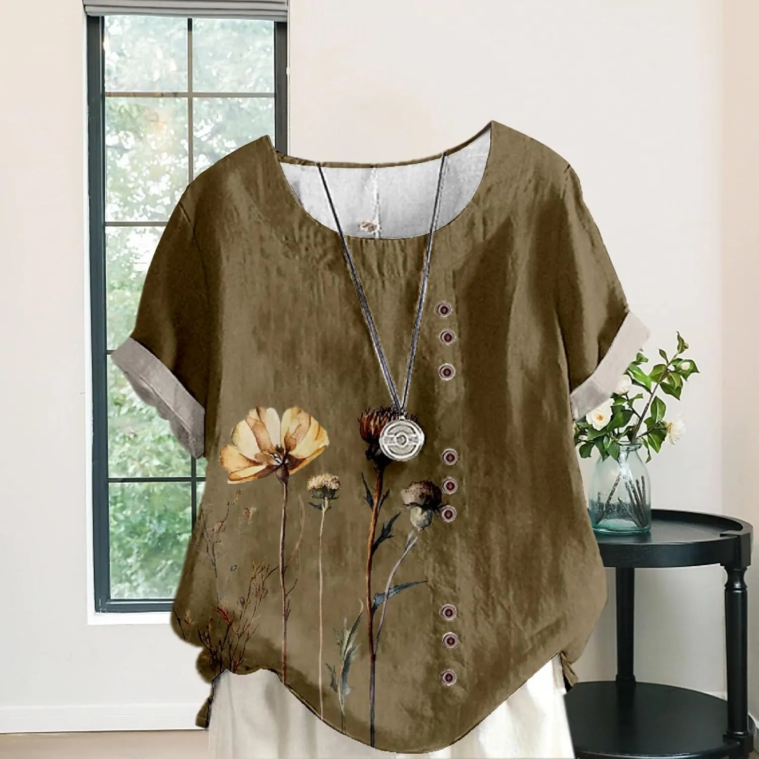Ladies Linen Blend Tunic Tops Womens Button Boho Floral Printed Crewneck Short Sleeve Shirts Summer Vacation Blouse