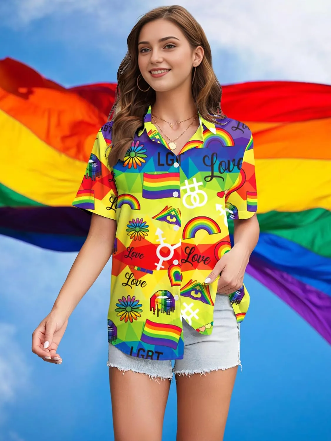 LAZYCHILD Pride Outfits for Women: Rainbow Heart Shirt LGBTQ Equality T-Shirt Pride Ally Button Up Tops