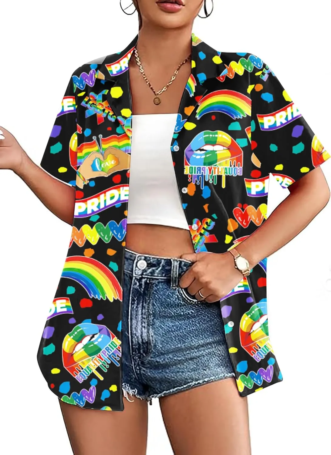 LAZYCHILD Pride Outfits for Women: Rainbow Heart Shirt LGBTQ Equality T-Shirt Pride Ally Button Up Tops