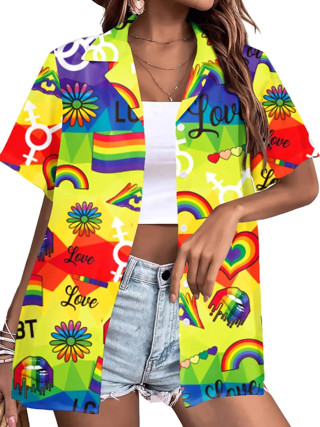 LAZYCHILD Pride Outfits for Women: Rainbow Heart Shirt LGBTQ Equality T-Shirt Pride Ally Button Up Tops