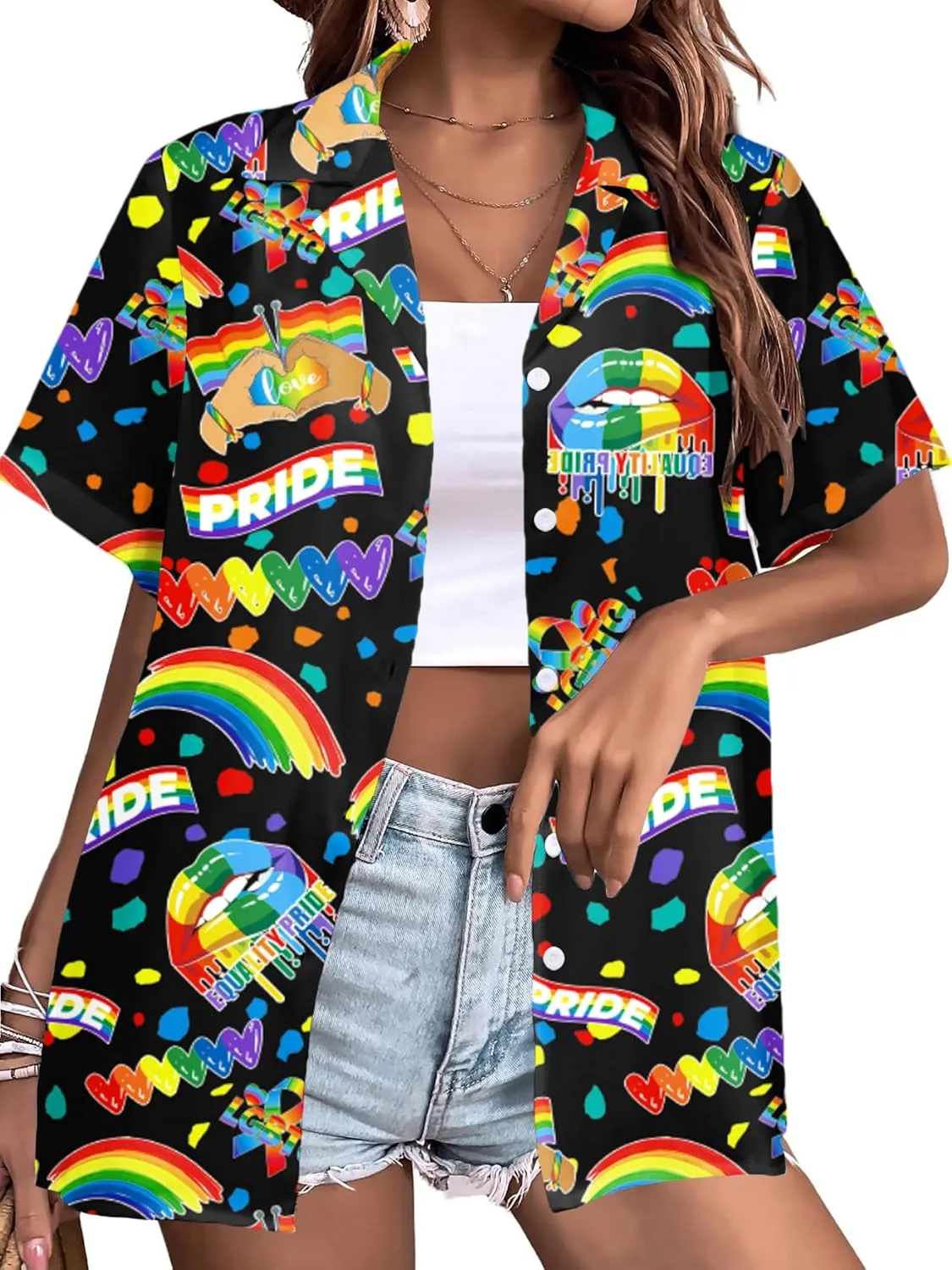LAZYCHILD Pride Outfits for Women: Rainbow Heart Shirt LGBTQ Equality T-Shirt Pride Ally Button Up Tops