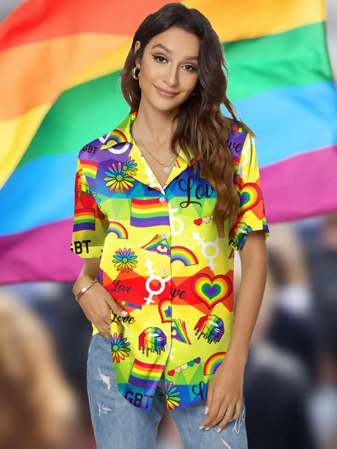 LAZYCHILD Pride Outfits for Women: Rainbow Heart Shirt LGBTQ Equality T-Shirt Pride Ally Button Up Tops